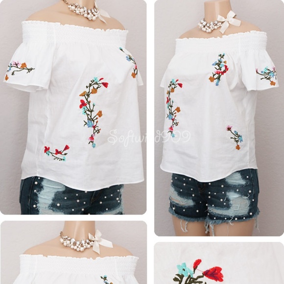 White Floral Embroidered Off Shoulder Cotton Top - Picture 3 of 8